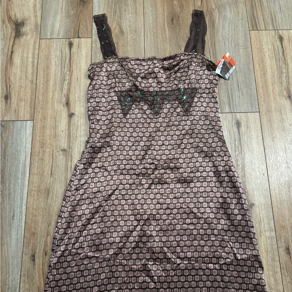 NWT Vintage Y2K 100% Silk Babydoll Dress with Lace and Sequin Details